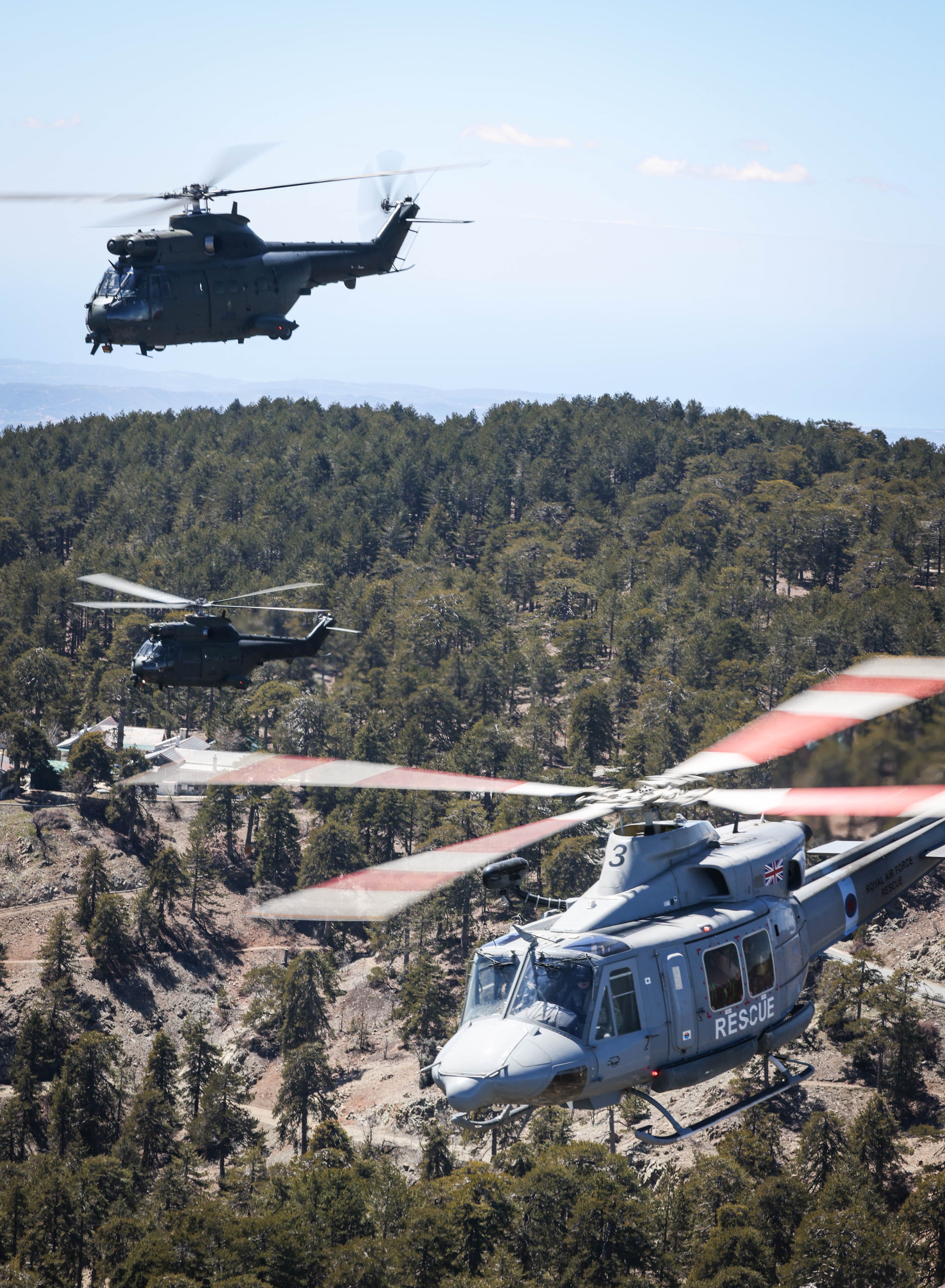 Image shows RAF Puma and Griffin helicopters in flight.